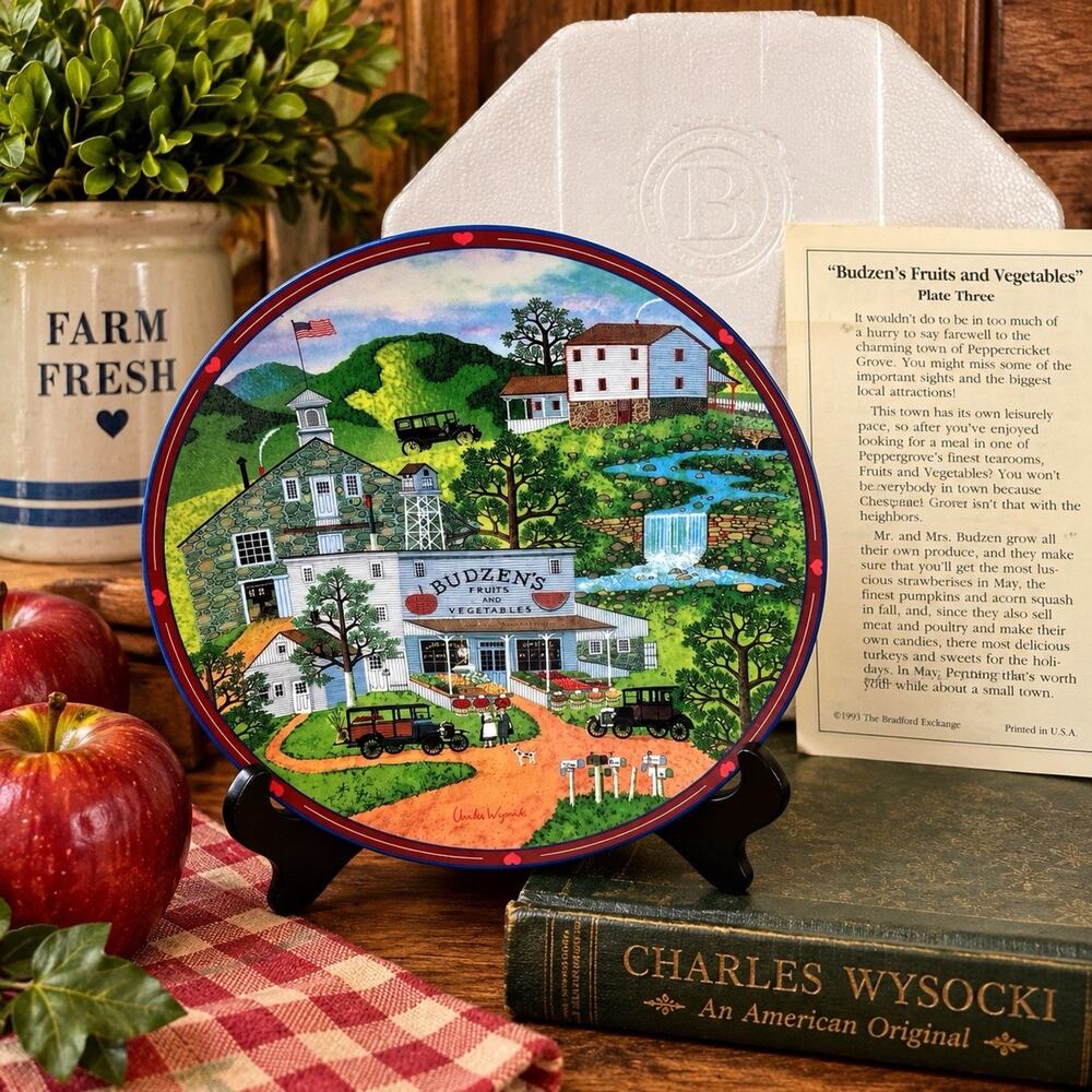 Charles Wysocki Budzen’s Fruits Vegetables Plate Bradford Exchange 1993 Box
